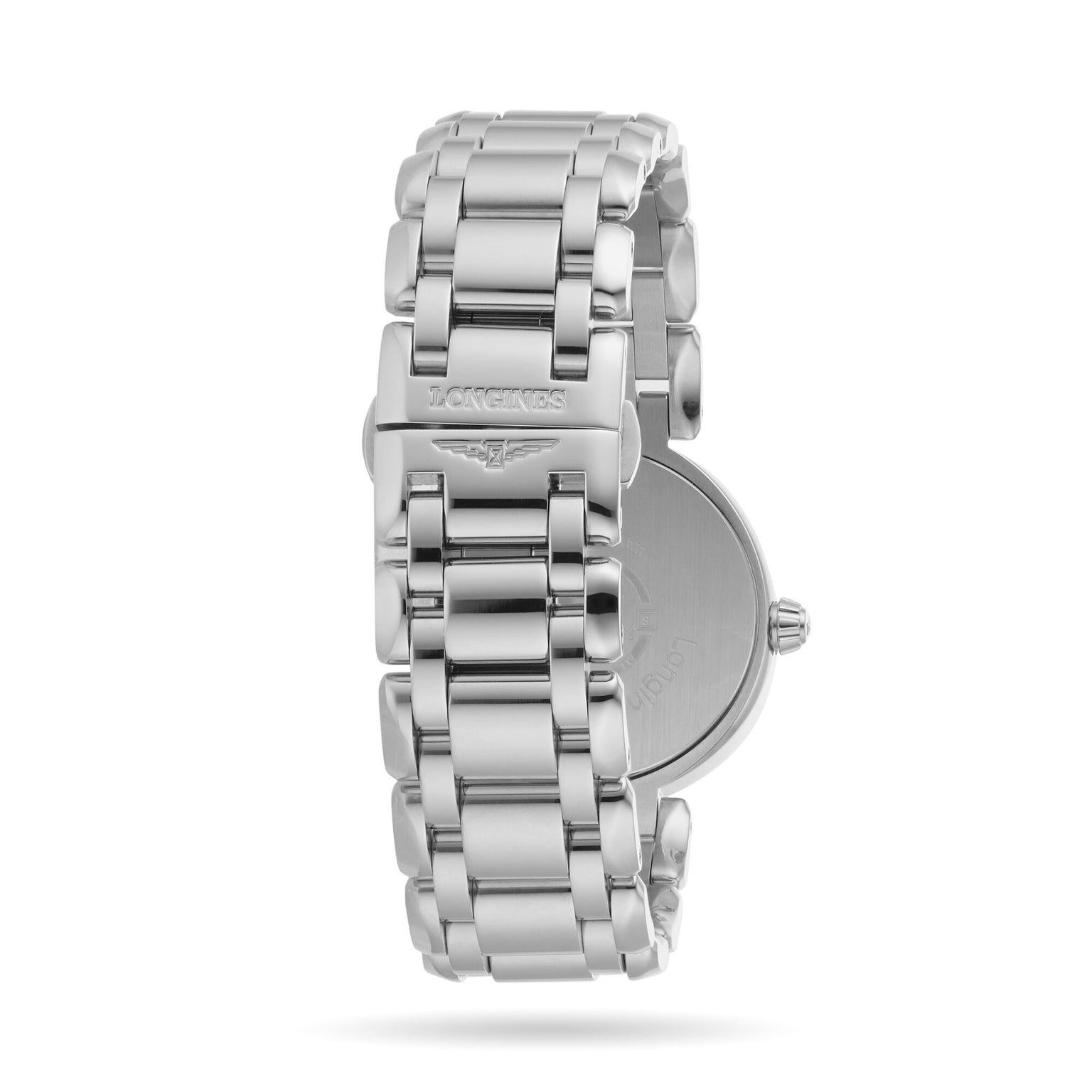 Close-up of a silver Longines PrimaLuna Moonphase wristwatch, highlighting its stainless steel case, metal bracelet, and clasp with the Longines logo.