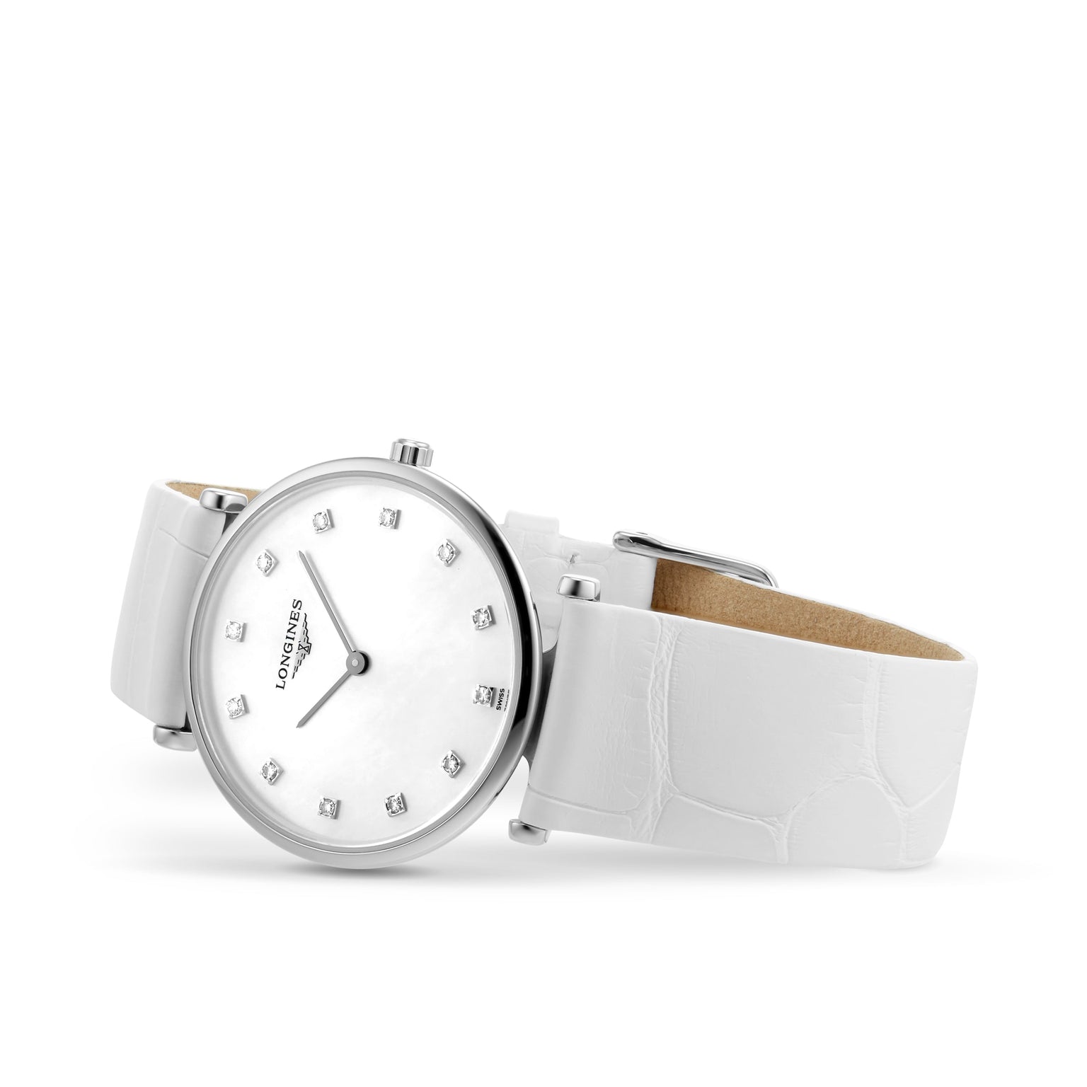 The Longines La Grande Classique de LONGINES, featuring a white leather strap, white mother-of-pearl dial, diamond hour markers, and sleek design, is displayed against a plain white background.