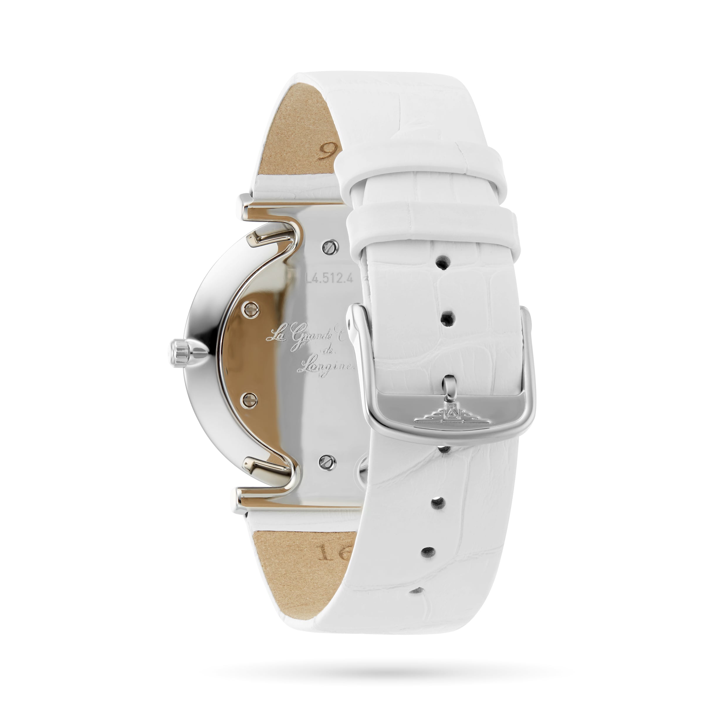 A close-up of the back of the silver Longines La Grande Classique de LONGINES wristwatch with a white leather strap and buckle, showing engraved details on the case and featuring the precise L420 quartz calibre movement.