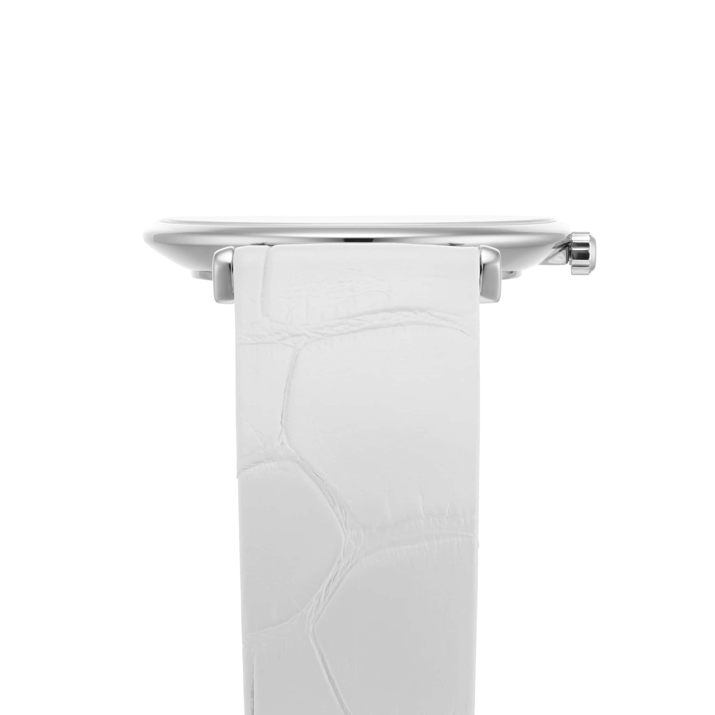 Side view of a silver Longines La Grande Classique de LONGINES watch case with a white leather strap, highlighting the crown, textured strap, and a glimpse of its refined quartz calibre L420 movement.