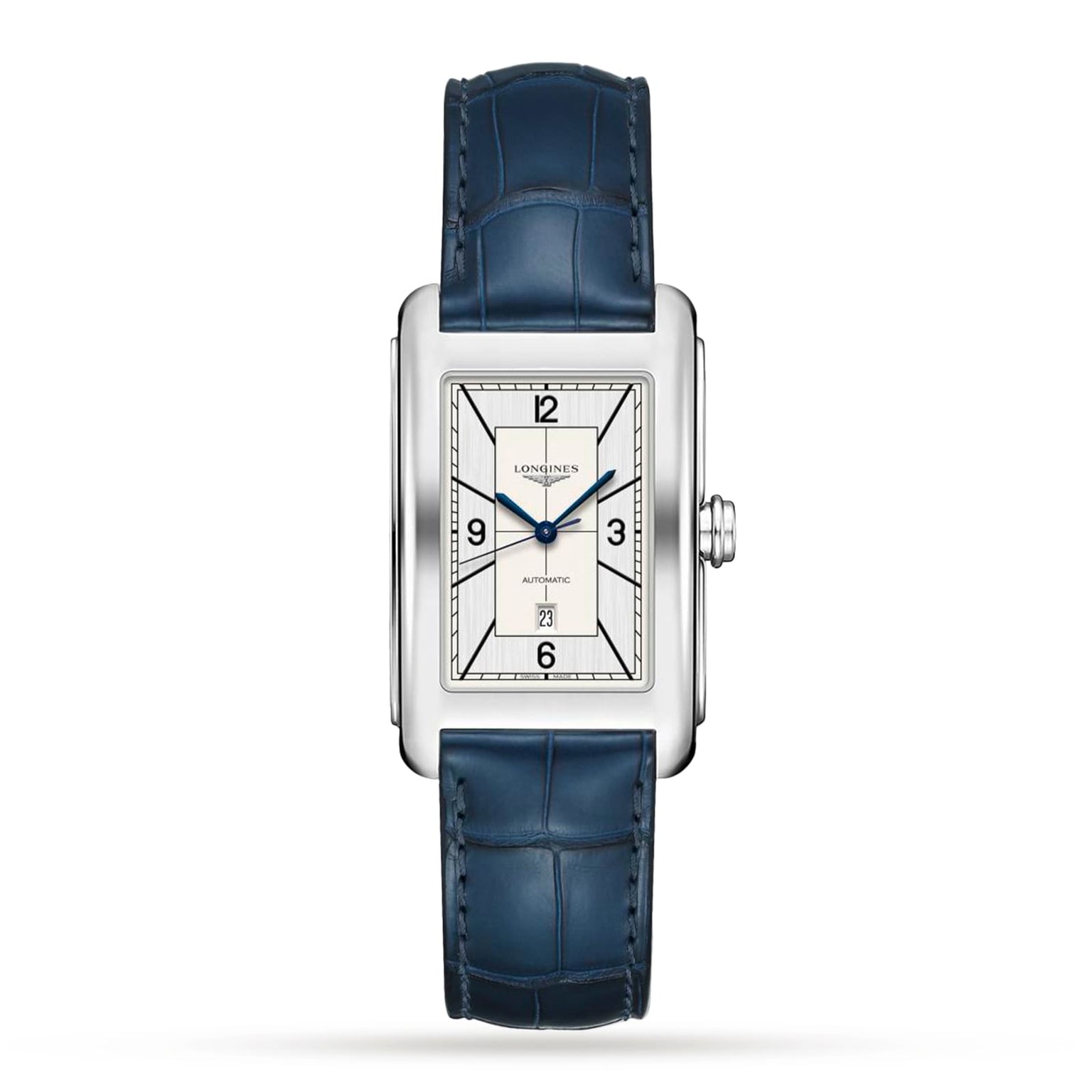 The Longines DolceVita watch features a rectangular stainless steel case, white dial with black numerals, blue hands, date at 6 o’clock, L592 movement, and a blue leather strap.