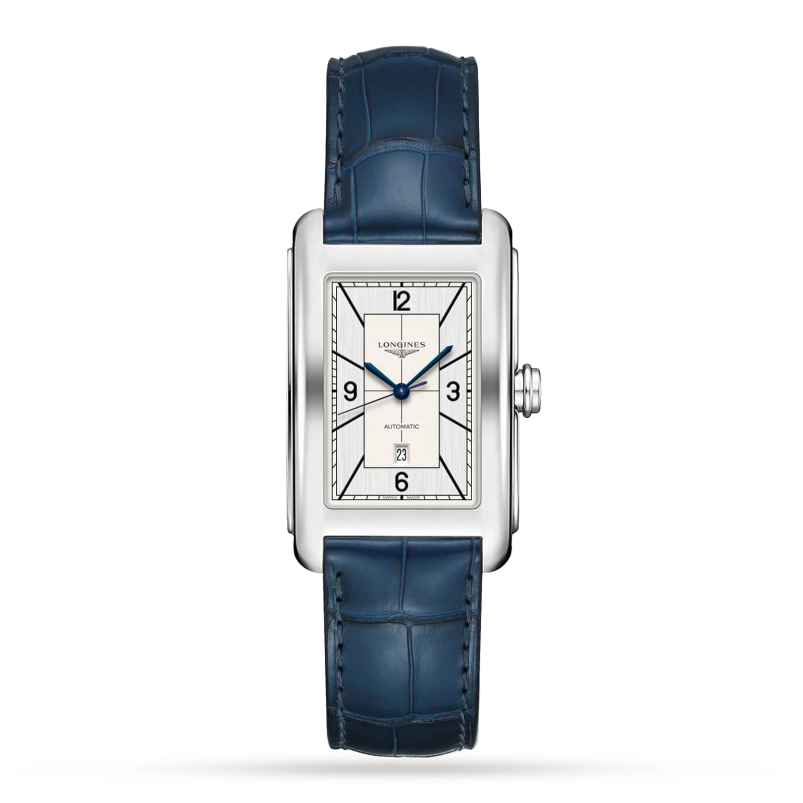 The Longines DolceVita watch features a rectangular stainless steel case, white dial with black numerals, blue hands, date at 6 o’clock, L592 movement, and a blue leather strap.