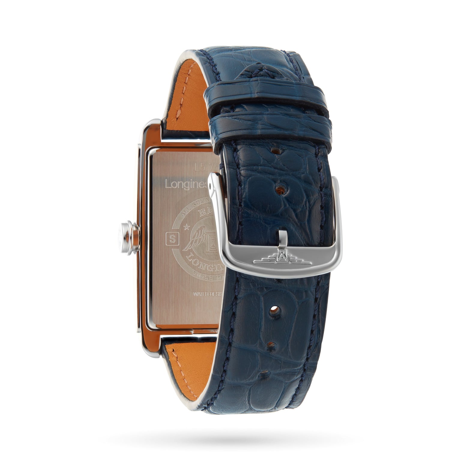 The Longines DolceVita features a rectangular stainless steel case, navy blue leather strap with silver buckle, and an engraved metal case back displaying the Longines logo.