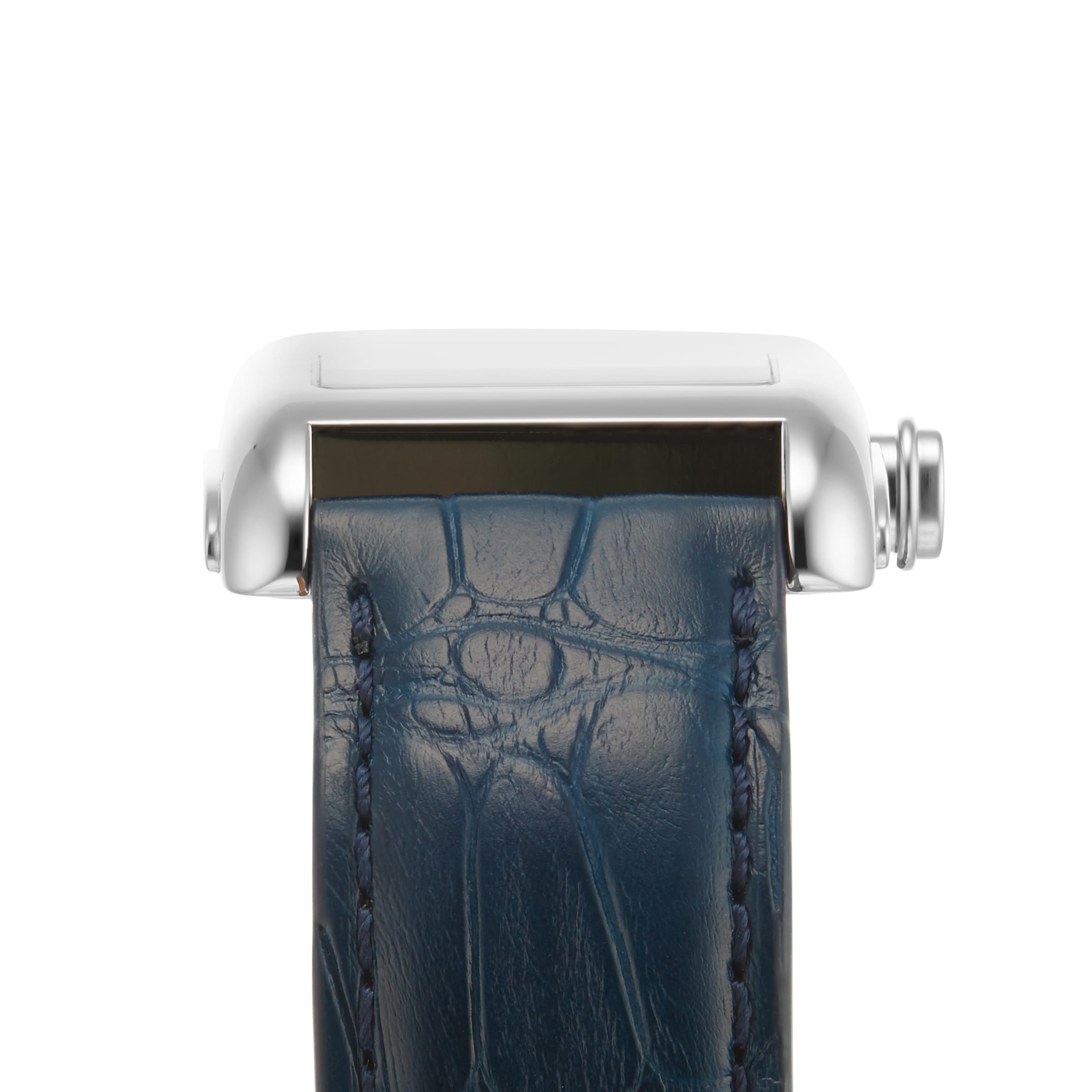Front view of the Longines DolceVita wristwatch, showcasing its stainless steel case and dark blue leather strap.