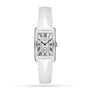 The Longines DolceVita features a rectangular silver case, white leather strap, white dial with blue Roman numerals and two blue hands, quartz movement, and a small seconds subdial above 6 o’clock for contemporary elegance.