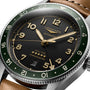 Close-up of the Longines Spirit Zulu Time watch featuring a black dial, gold-tone hands and numerals, date window, stainless steel case, and brown leather strap.