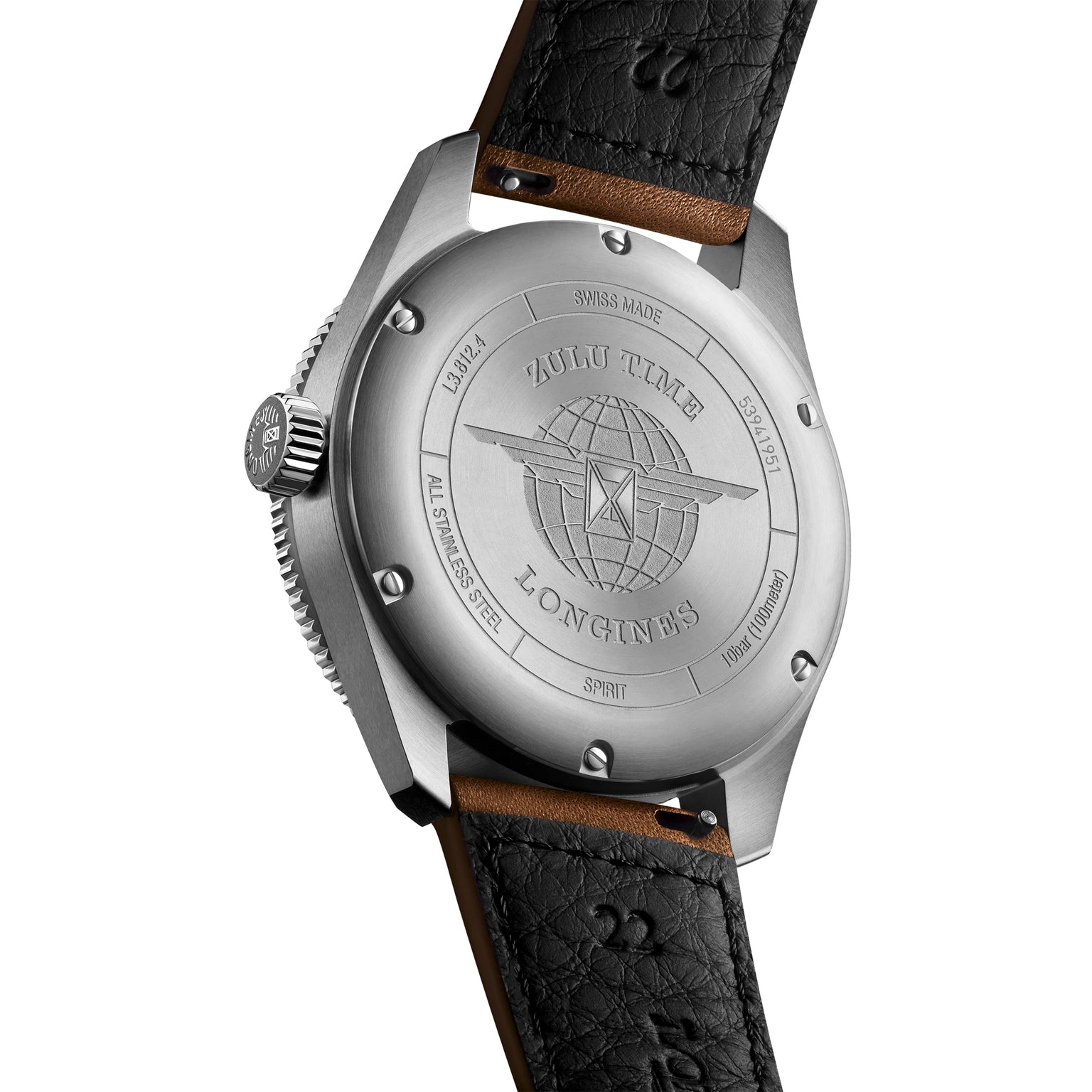 Close-up of the back of the Longines Spirit Zulu Time watch, highlighting globe engraving and inscriptions on the stainless steel case with a visible black leather strap.