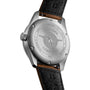 Close-up of the back of the Longines Spirit Zulu Time watch, highlighting globe engraving and inscriptions on the stainless steel case with a visible black leather strap.