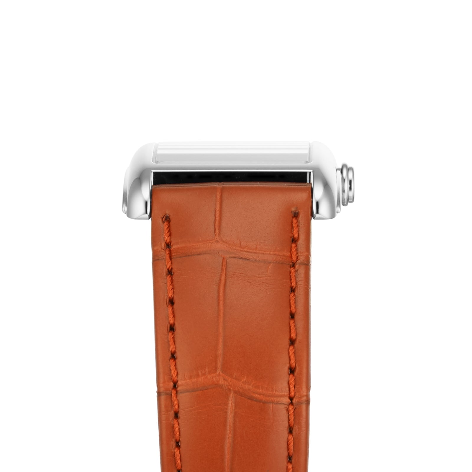 A close-up of a brown leather strap with visible stitching, attached to the Longines DolceVita Monochrome silver case, set against a white background and highlighting the brand’s timeless elegance.