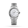 The Longines Master Collection wristwatch features a stainless steel bracelet, round white dial with diamond hour markers, and a date display at 3 o’clock—showcasing refined horological craftsmanship.