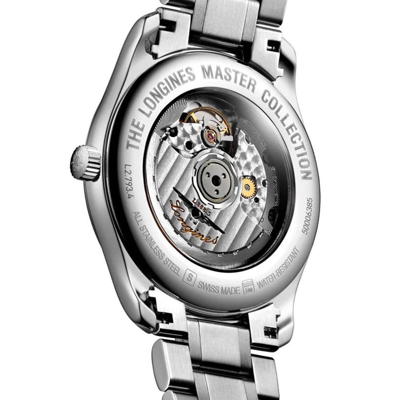 Back view of the Longines Master Collection watch, featuring a stainless steel case, automatic movement, and engraved branding on both the rotor and caseback, exemplifying the brands horological craftsmanship.