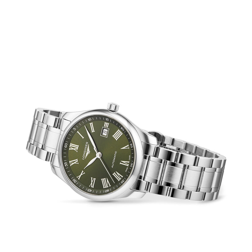 The Longines Master Collection features a stainless steel wristwatch with a green dial, Roman numerals, date window at 3 o’clock, and metal link bracelet, showcasing exquisite craftsmanship on a white background.