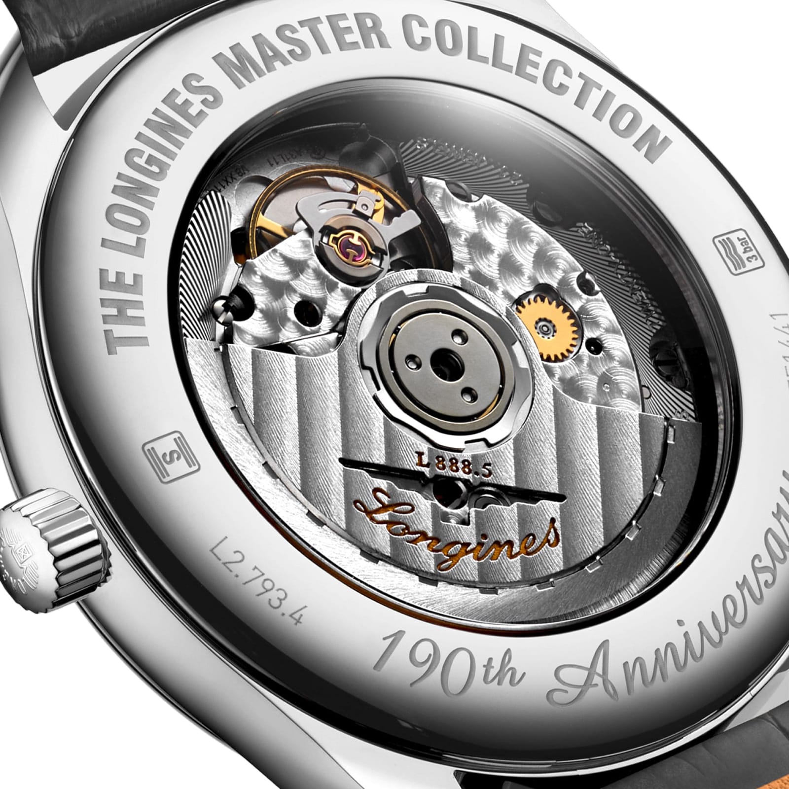 Close-up of the transparent case back of the Longines Master Collection, displaying its intricate mechanical movement with a silicon balance-spring and “190th Anniversary” engraving—celebrating exclusive watchmaking.