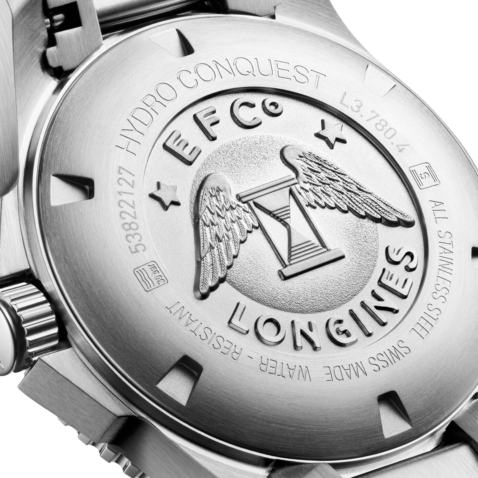 Close-up of the Longines HydroConquest back, showcasing its engraved logo, model and serial numbers, detailed specifications, and the renowned automatic movement unique to the HydroConquest collection.