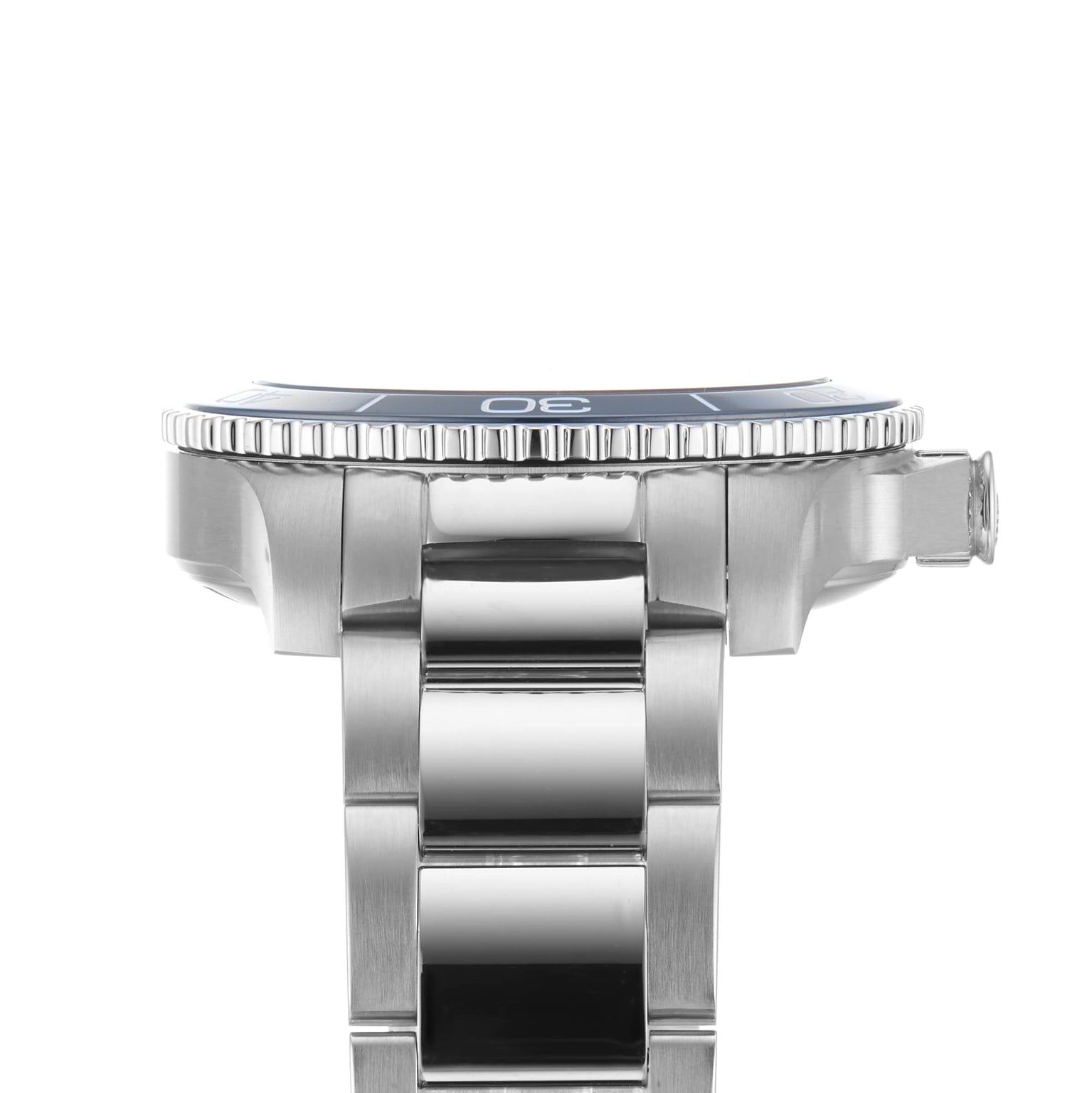 Side view of the Longines HydroConquest stainless steel wristwatch, highlighting its bezel, crown, and metal bracelet against a white background.