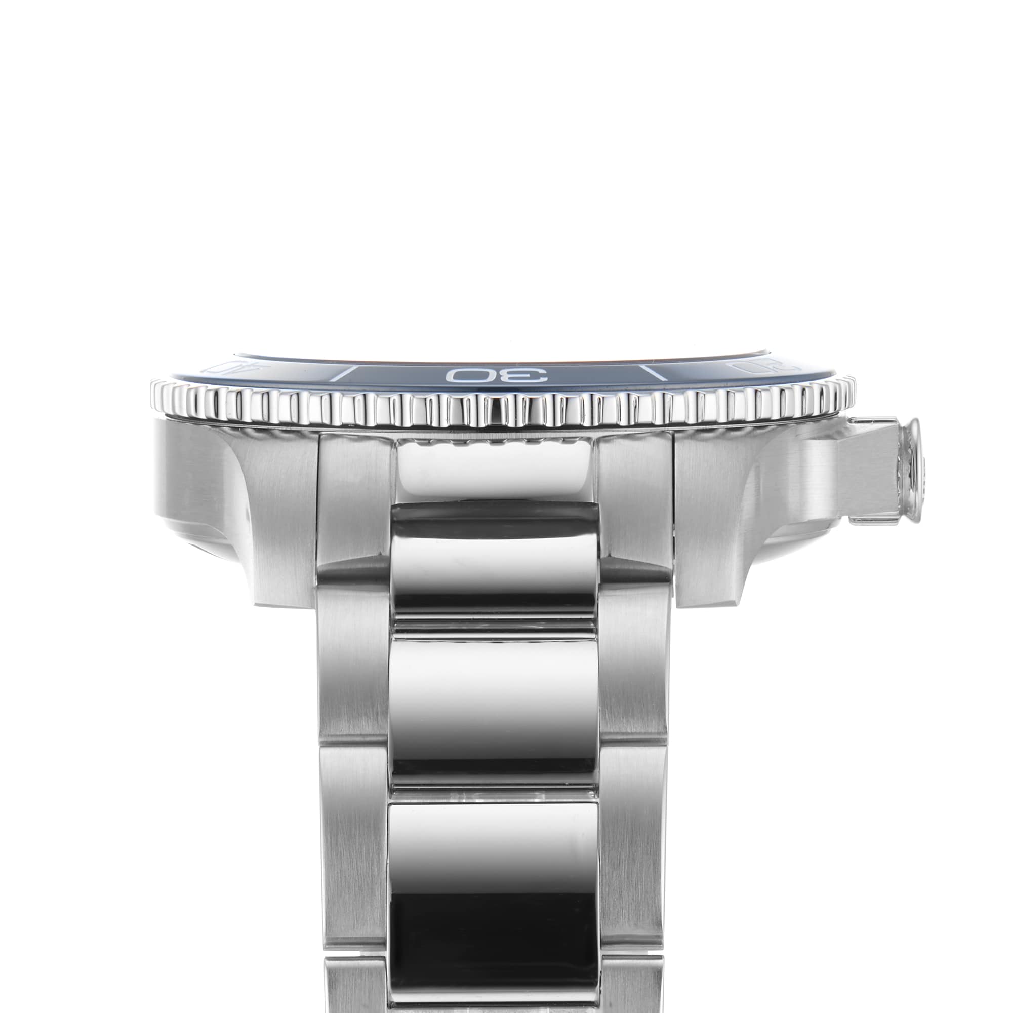 Side view of the Longines HydroConquest stainless steel wristwatch, highlighting its bezel, crown, and metal bracelet against a white background.