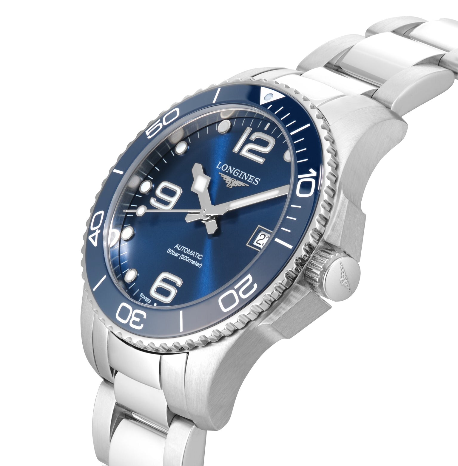 The Longines HydroConquest is a stainless steel wristwatch with a sunray blue dial, silver markers, rotating bezel, date at 3 o’clock, and metal link bracelet.