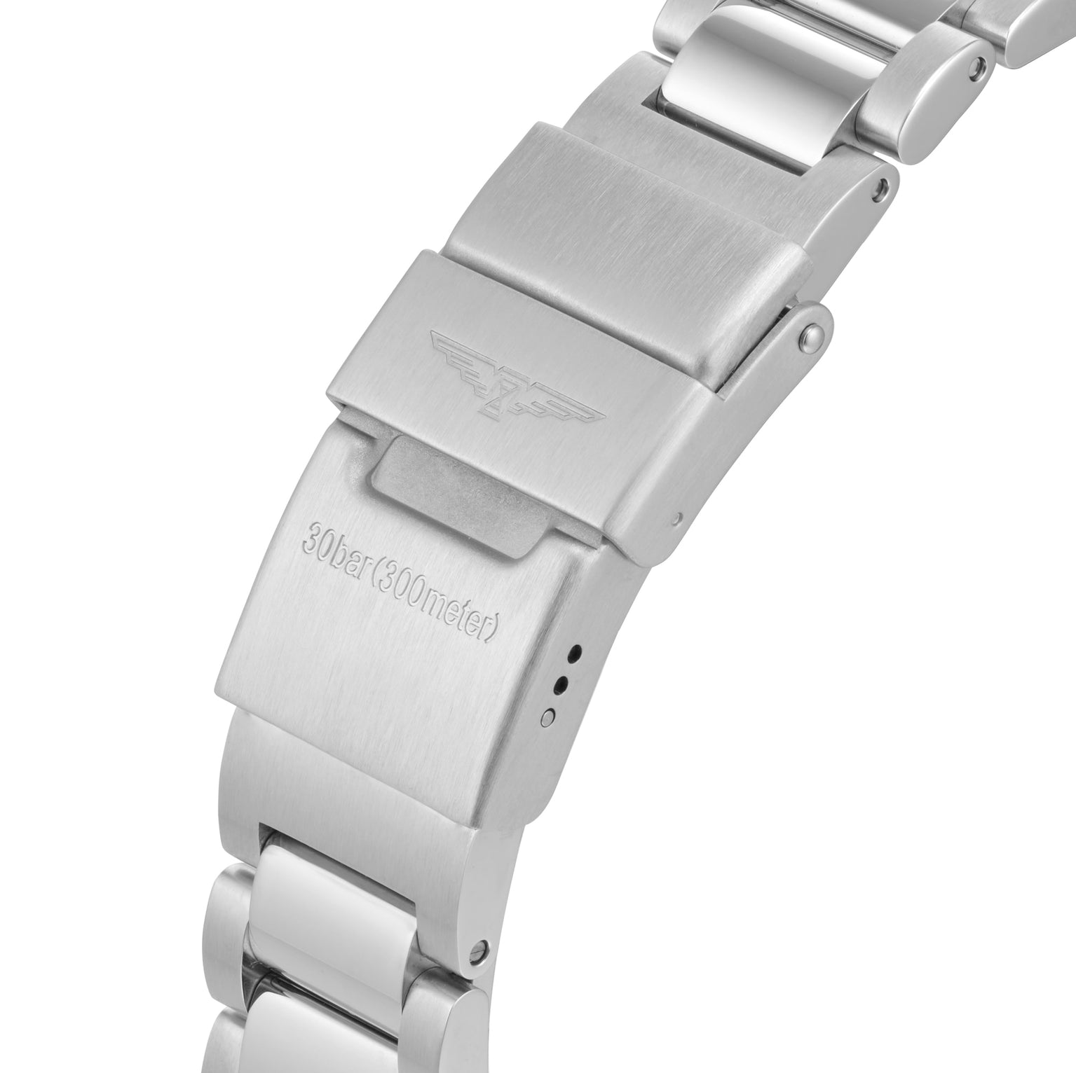 A close-up of the Longines HydroConquest watch’s stainless steel bracelet with a fold-over clasp, engraved logo, 30bar (300meter) marking, and glimpses of its sunray blue dial.