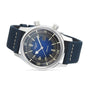 A Longines Legend Diver watch with a blue dial, black strap, silver bezel, luminous hands and markers, two crowns, and automatic movement is shown at an angle on a white background.