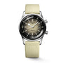The Longines Legend Diver features a stainless steel case, gradient black-to-beige dial with white markers, two crowns, date at 3 o’clock, light beige fabric strap, and is powered by the precise L888 calibre movement.