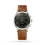 The Longines Record Chronograph features a black dial, stainless steel case, brown leather strap, chronograph functions, and automatic movement.
