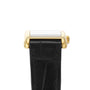 The Longines DolceVita watch features a rectangular 18K yellow gold case and black leather strap, shown from the side highlighting the crown and strap stitching—a true display of timeless elegance.
