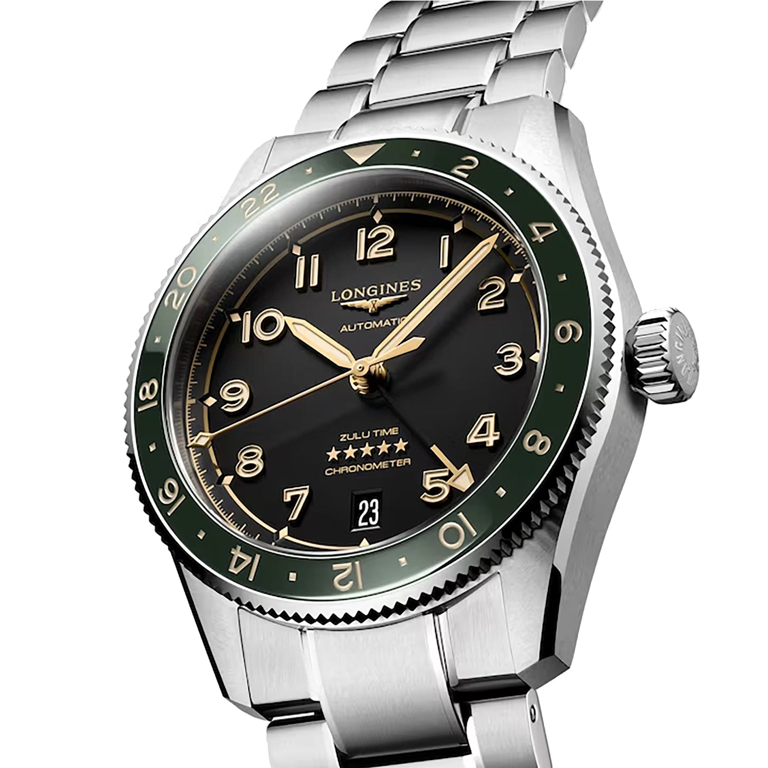 The Longines Spirit Zulu Time is a stainless steel watch with a green ceramic bezel, black dial, gold numerals, and date display at 6 o’clock.
