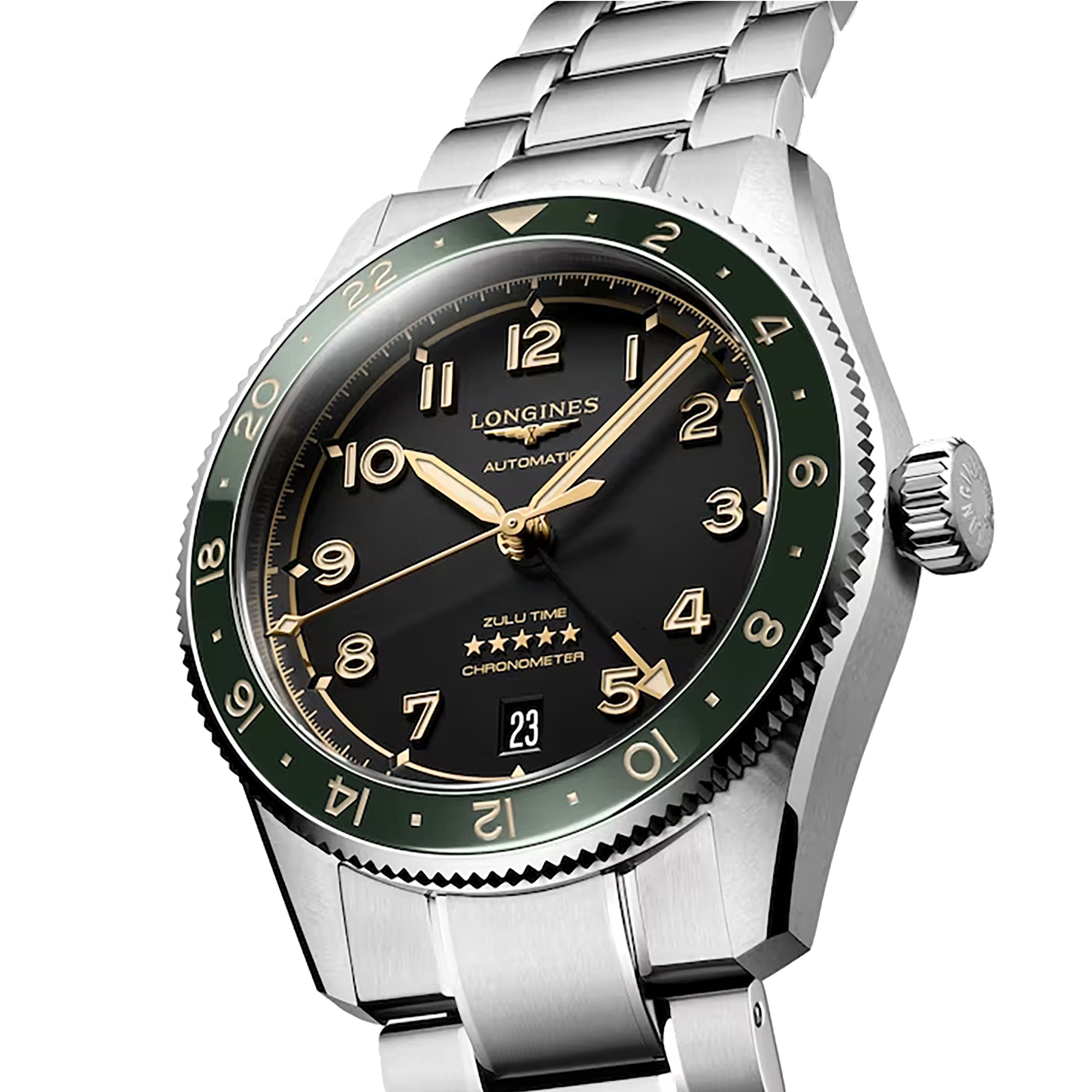The Longines Spirit Zulu Time is a stainless steel watch with a green ceramic bezel, black dial, gold numerals, and date display at 6 o’clock.