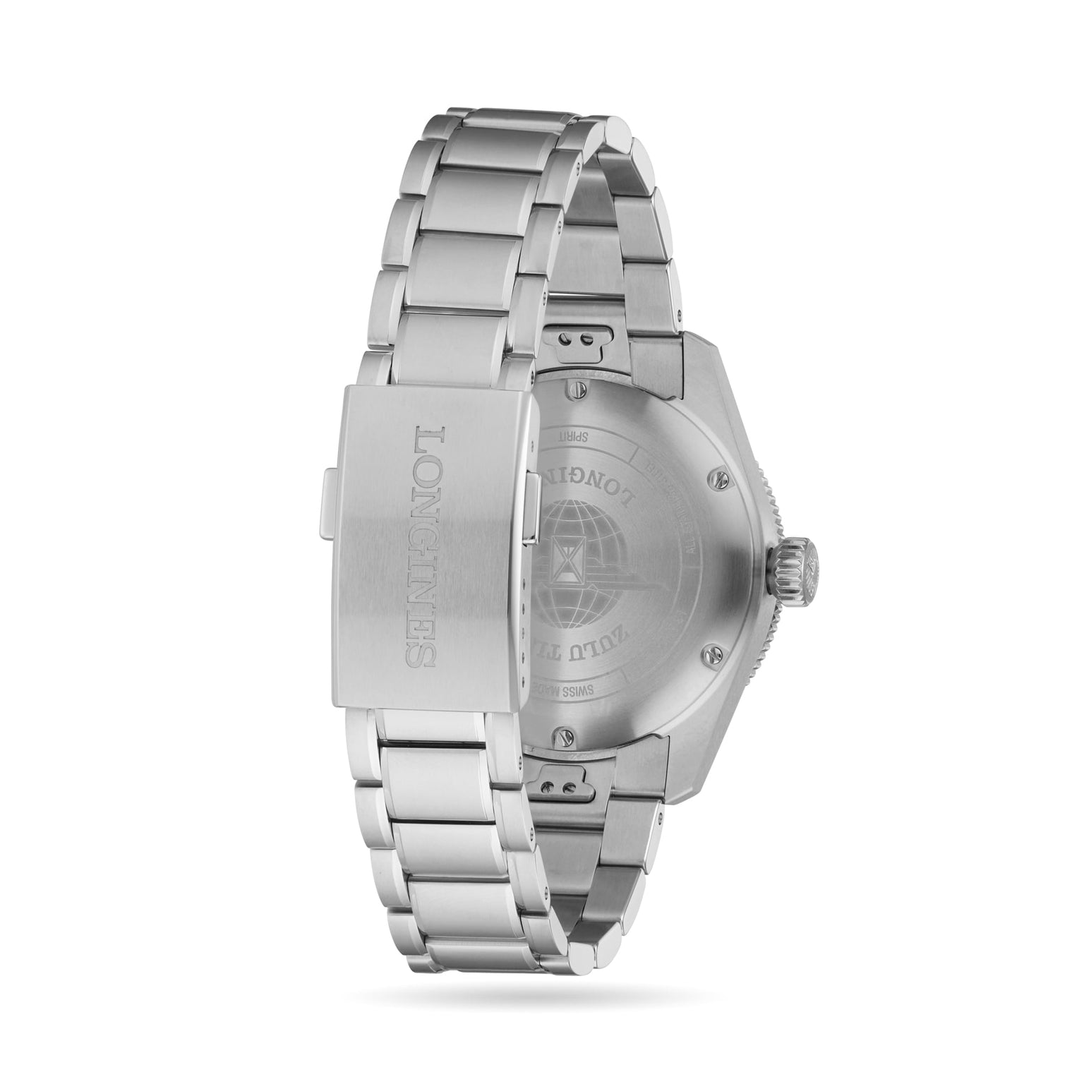 A stainless steel wristwatch with a metal link bracelet and stainless steel case, shown from the back, displays the Longines Spirit Zulu Time name engraved on the clasp.