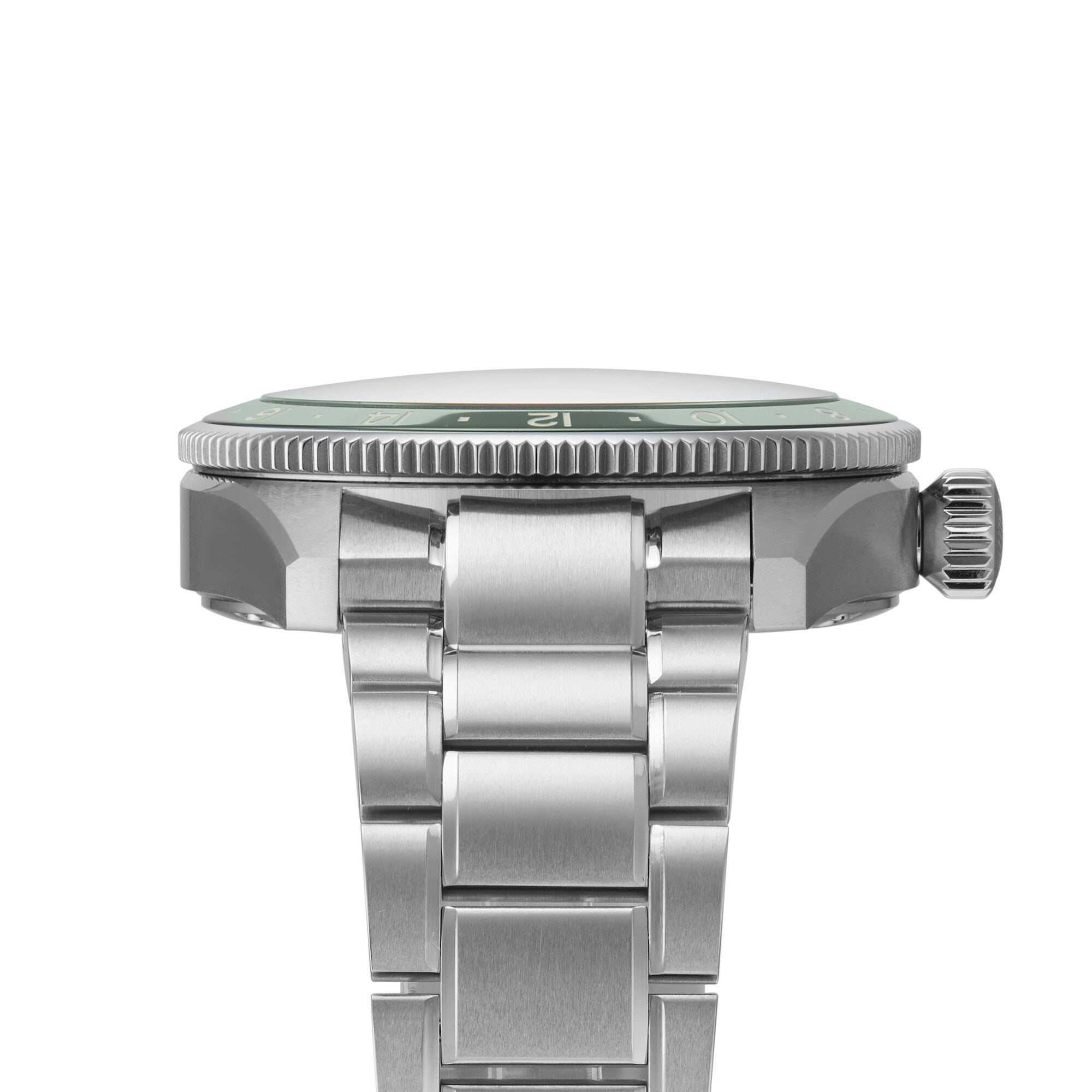 Side view of the Longines Spirit Zulu Time wristwatch featuring a stainless steel case, metal bracelet, and distinct green ceramic bezel, highlighting the crown and watch case thickness.