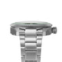 Side view of the Longines Spirit Zulu Time wristwatch featuring a stainless steel case, metal bracelet, and distinct green ceramic bezel, highlighting the crown and watch case thickness.