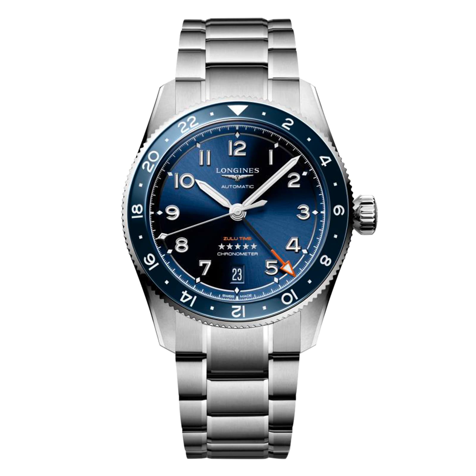 The Longines Spirit Zulu Time is a stainless steel watch from the Spirit Collection, featuring a blue dial, GMT bezel, chronometer-certified movement, date at 6 o’clock, and a silver stainless steel bracelet.
