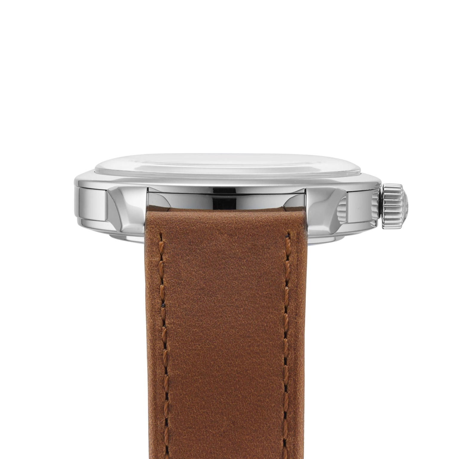 Side view of a Longines Conquest Heritage wristwatch featuring a silver case, round crown, and brown leather strap. This elegant Swiss timepiece’s face is not visible in the image.