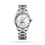 The Longines Master Collection Moonphase features a silver metal band, white dial, diamond hour markers, and a moon phase subdial.