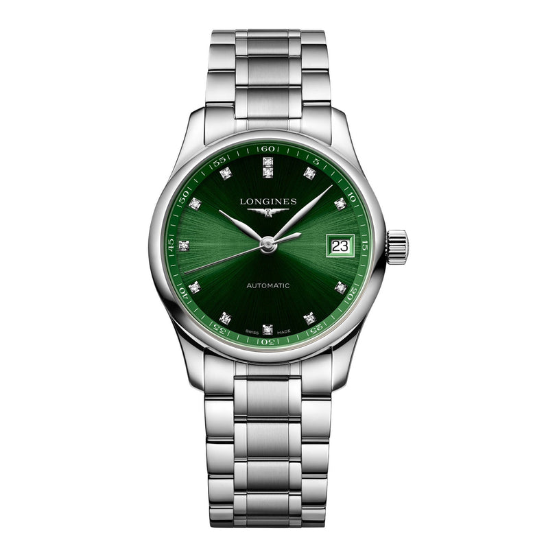 The Longines Master Collection wristwatch features a green dial, silver hands, diamond indexes, date display at 3 oclock, and automatic movement in a stainless steel case.