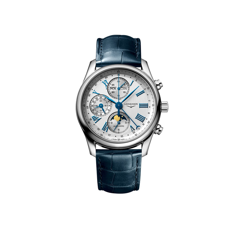 The Longines Master Collection Chrono Moonphase is a luxury wristwatch with a blue leather strap, silver case, white dial, chronograph features, Roman numerals, subdials, and a moon phase display.