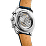 Close-up of the back of the Longines Master Collection Chrono Moonphase, featuring an exposed L687 calibre movement and a brown leather strap.