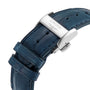 Close-up of a blue leather strap with a silver clasp engraved with the Longines logo, showcasing the Master Collection Chrono Moonphase and its renowned elegance.