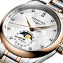 Close-up of the Longines Master Collection Moonphase, showcasing a rose gold case, mother-of-pearl dial with diamond hour markers, moon phase display, and a silver and rose gold metal band.