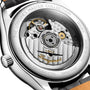 Close-up of the transparent case back of the Longines Master Collection watch, displaying its automatic movement and engraved stainless steel details.