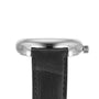 Close-up side view of the Longines Master Collection wristwatch featuring a black leather strap, silver case, and anthracite dial with L893 automatic movement, set against a white background.