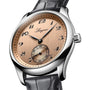 The Longines Master Collection features a stainless steel case, salmon pink dial with black numerals, 6 oclock subdial, self-winding movement, and gray leather strap.