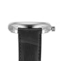 Close-up side view of the Longines Master Collection wristwatch featuring a silver case, crown, black leather strap, and a salmon pink dial with self-winding movement.