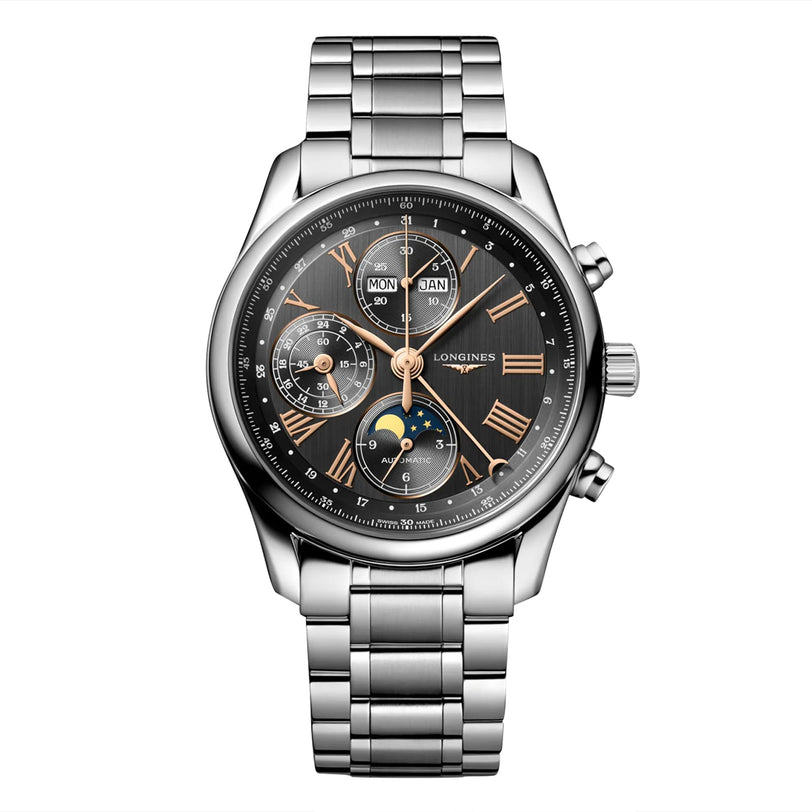 The Longines Master Collection Chrono Moonphase is a stainless steel wristwatch featuring a black dial, gold Roman numerals, subdials, day and month display, moon-phase display, and a metal link bracelet—timeless elegance.