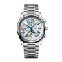 The Longines Master Collection Chrono Moonphase features a silver stainless steel bracelet, white dial with blue hands, Roman numerals, multiple subdials, and a Moonphase display.