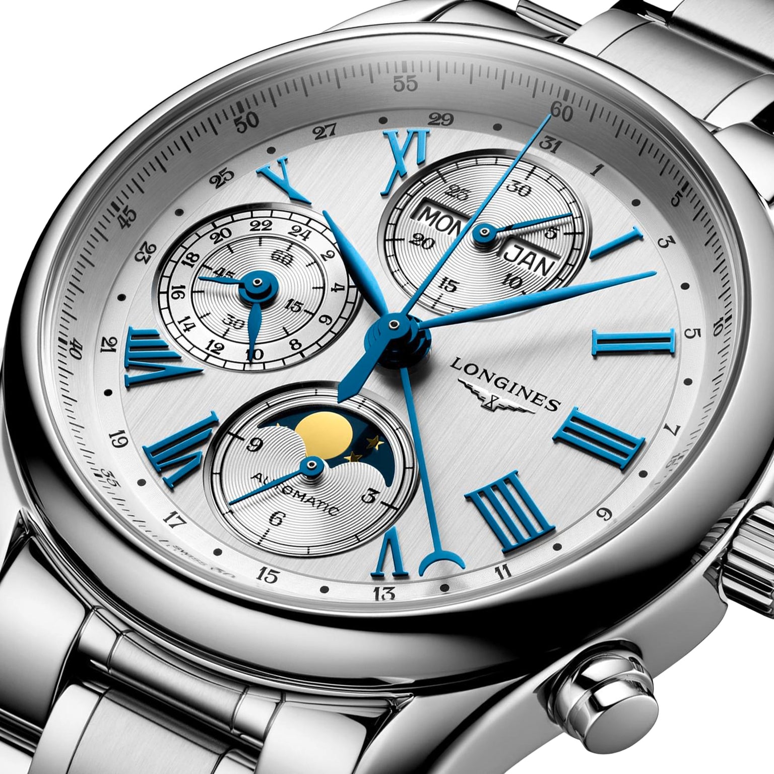 Close-up of the Longines Master Collection Chrono Moonphase, a silver wristwatch with blue hands, Roman numerals, subdials for day, date, 24-hour time, automatic movement, and a sophisticated moonphase display.