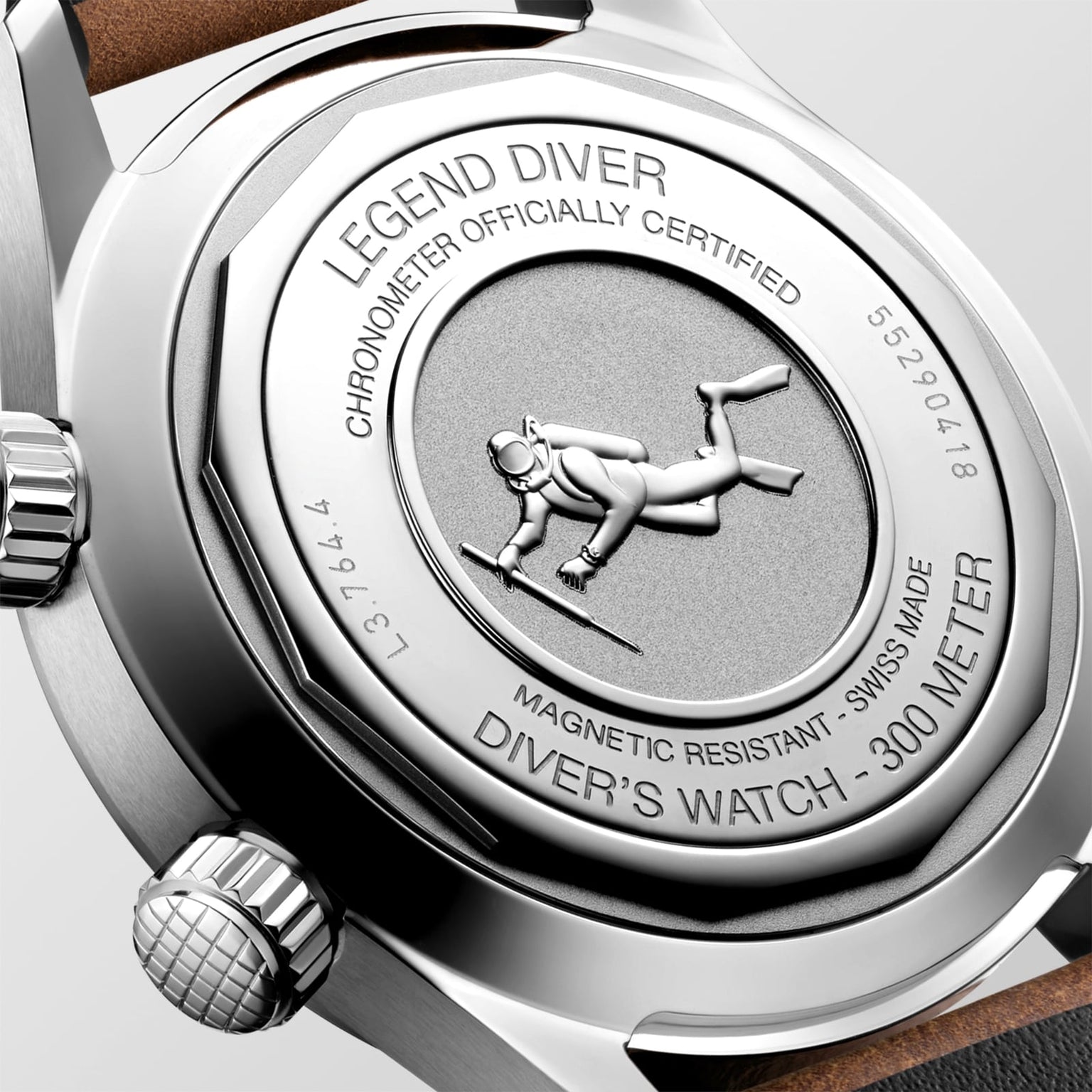 The Longines Legend Diver’s case back features an engraved diver, “CHRONOMETER OFFICIALLY CERTIFIED,” and “DIVERS WATCH - 300 METER,” underscoring its vintage-inspired design and automatic movement.