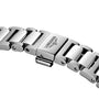 Close-up of a stainless steel Longines Conquest watch bracelet with a butterfly clasp, engraved with the Longines logo—an elegant detail highlighting the renowned craftsmanship of the Conquest collection.