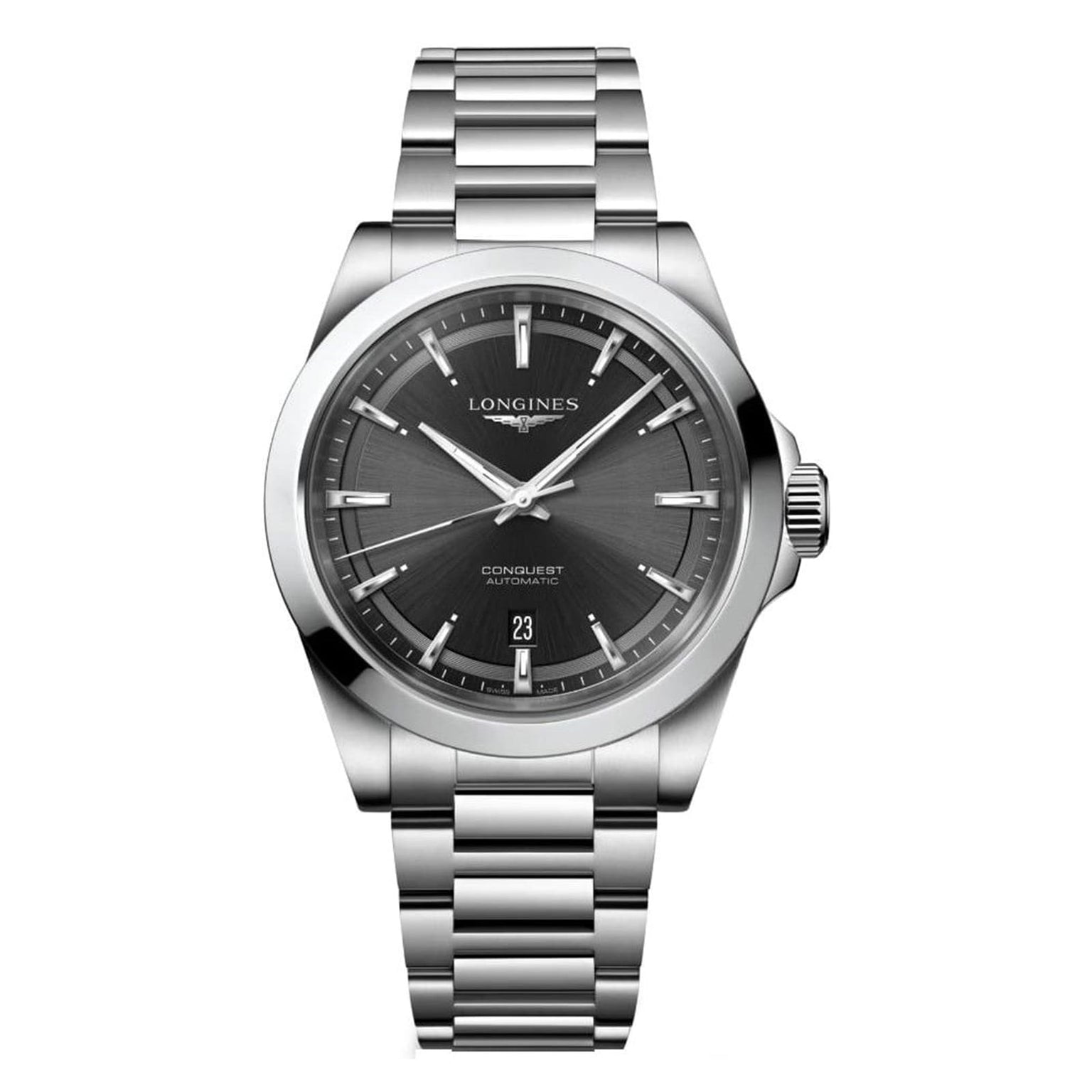 The Longines Conquest features a stainless steel case, automatic movement, black dial with silver markers, date at 6 o’clock, and a durable metal link bracelet.