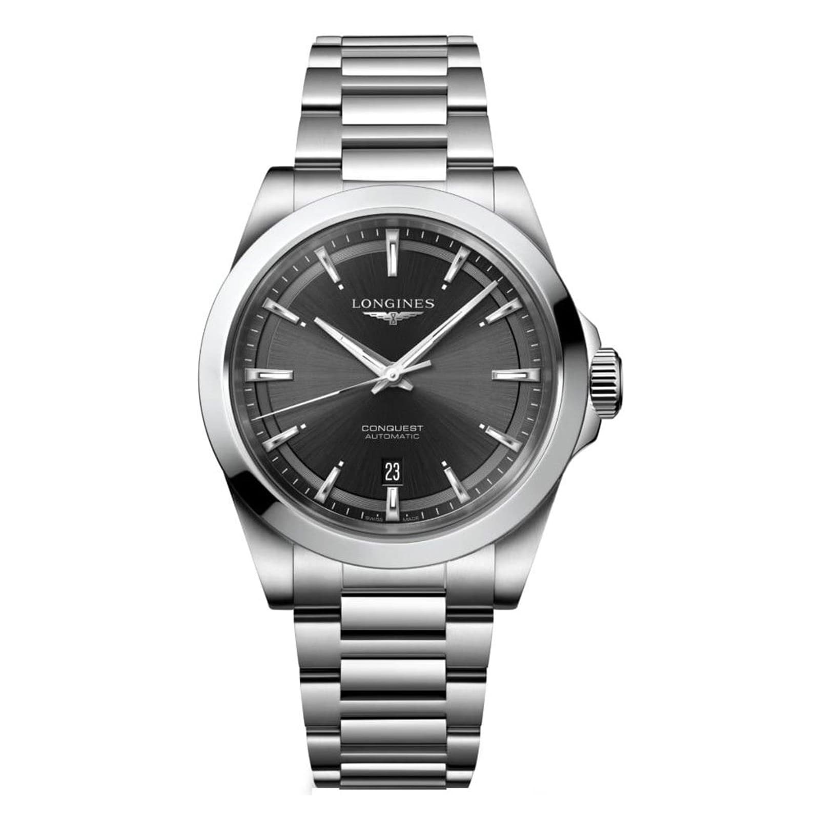 The Longines Conquest features a stainless steel case, automatic movement, black dial with silver markers, date at 6 o’clock, and a durable metal link bracelet.